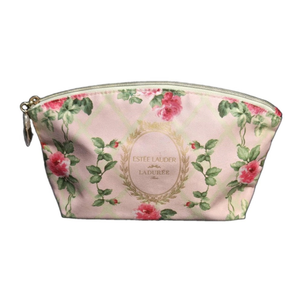 Estee Lauder Laduree Paris Floral Rose Makeup Bag Pink Gold Medallion Pouch